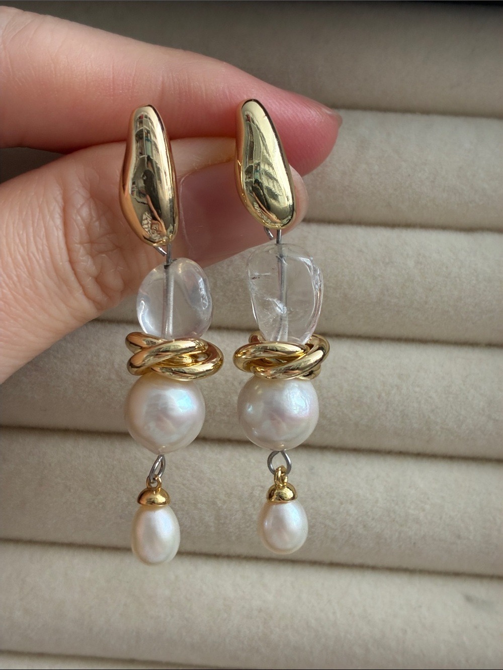 Gold Crystal & Pearl Drop Earrings